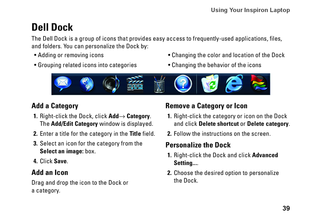 Dell 1546, P02F001, F2GGF Dell Dock, Add a Category, Add an Icon, Remove a Category or Icon, Personalize the Dock 