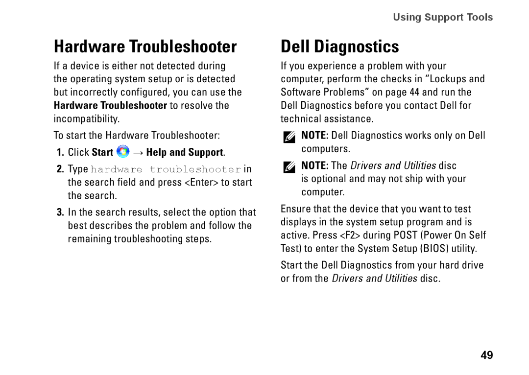 Dell 1546, P02F001, 0F2GGFA00 setup guide Hardware Troubleshooter, Dell Diagnostics, Click Start → Help and Support 