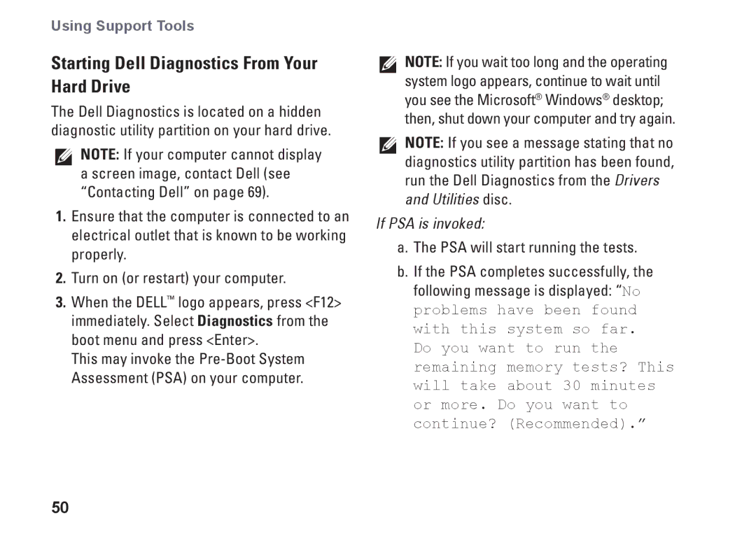 Dell P02F001, 1546, 0F2GGFA00 setup guide Starting Dell Diagnostics From Your Hard Drive, If PSA is invoked 