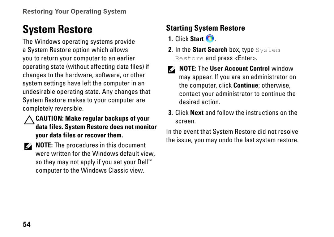 Dell 1546, P02F001, 0F2GGFA00 setup guide Starting System Restore 