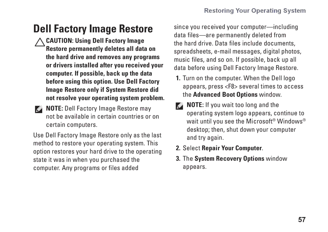 Dell 0F2GGFA00, 1546, P02F001 setup guide Dell Factory Image Restore 