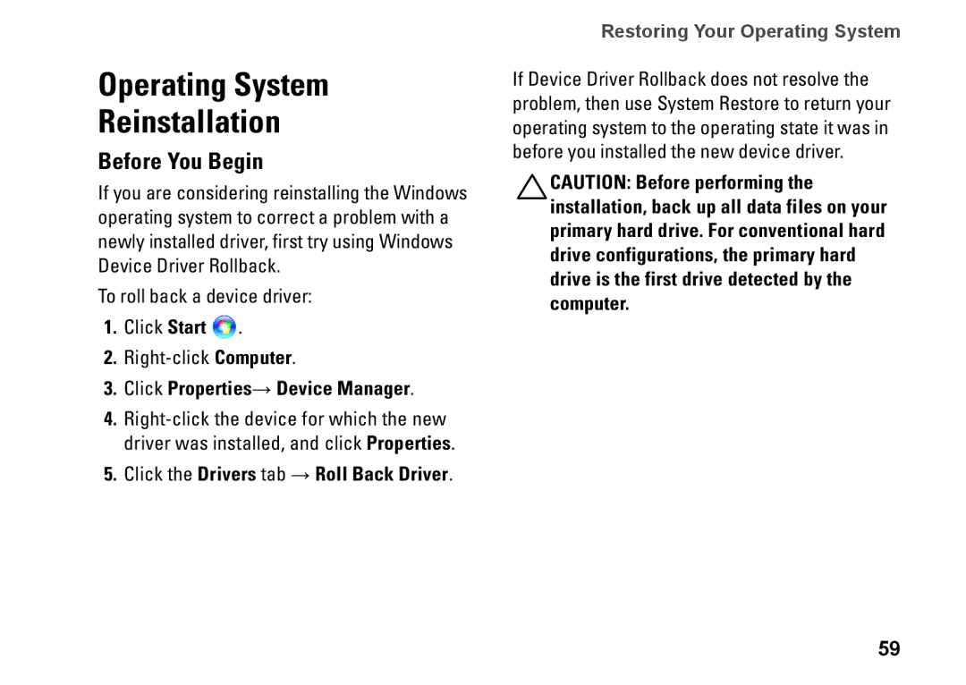 Dell 1546, P02F001, 0F2GGFA00 Operating System Reinstallation, Before You Begin, Click Properties→ Device Manager 