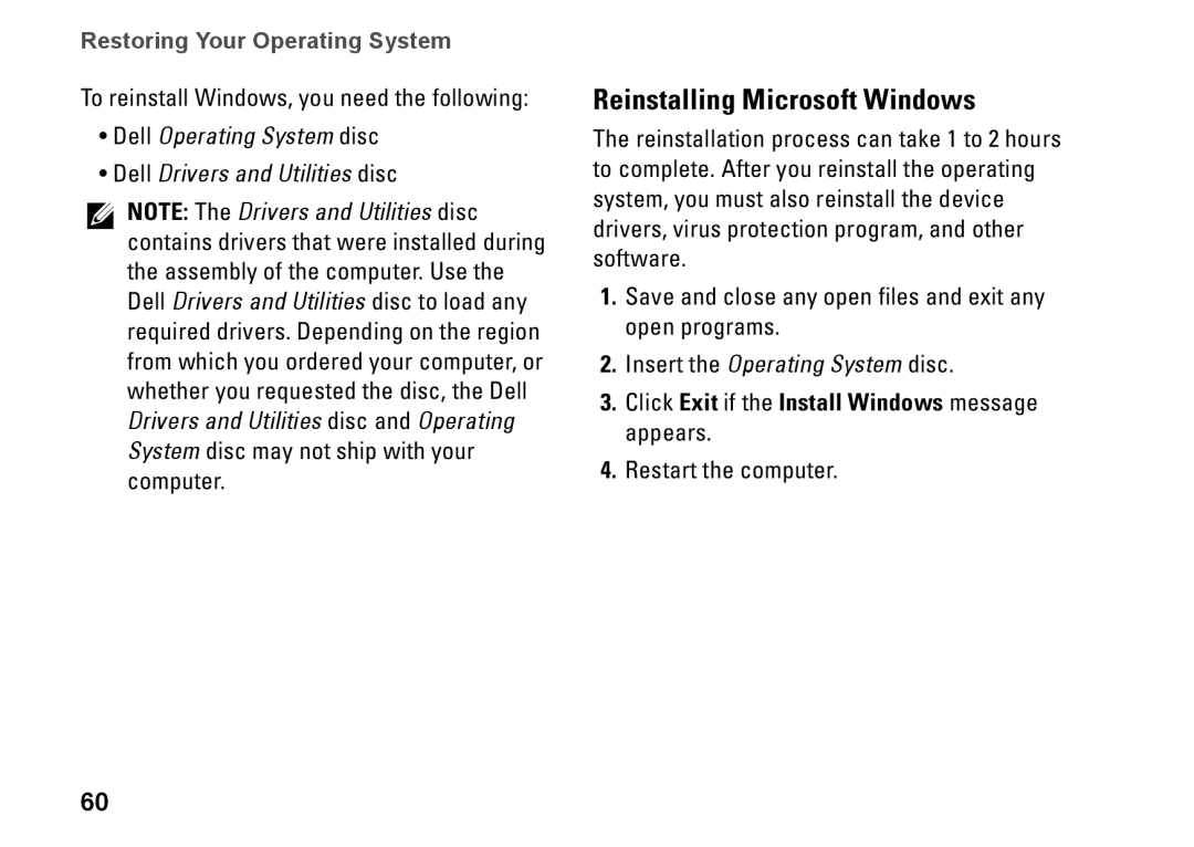 Dell P02F001, 1546, 0F2GGFA00 Reinstalling Microsoft Windows, Click Exit if the Install Windows message appears 