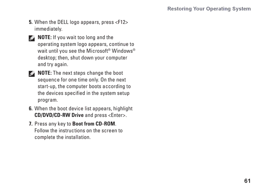 Dell 1546, P02F001, 0F2GGFA00 setup guide Restoring Your Operating System 