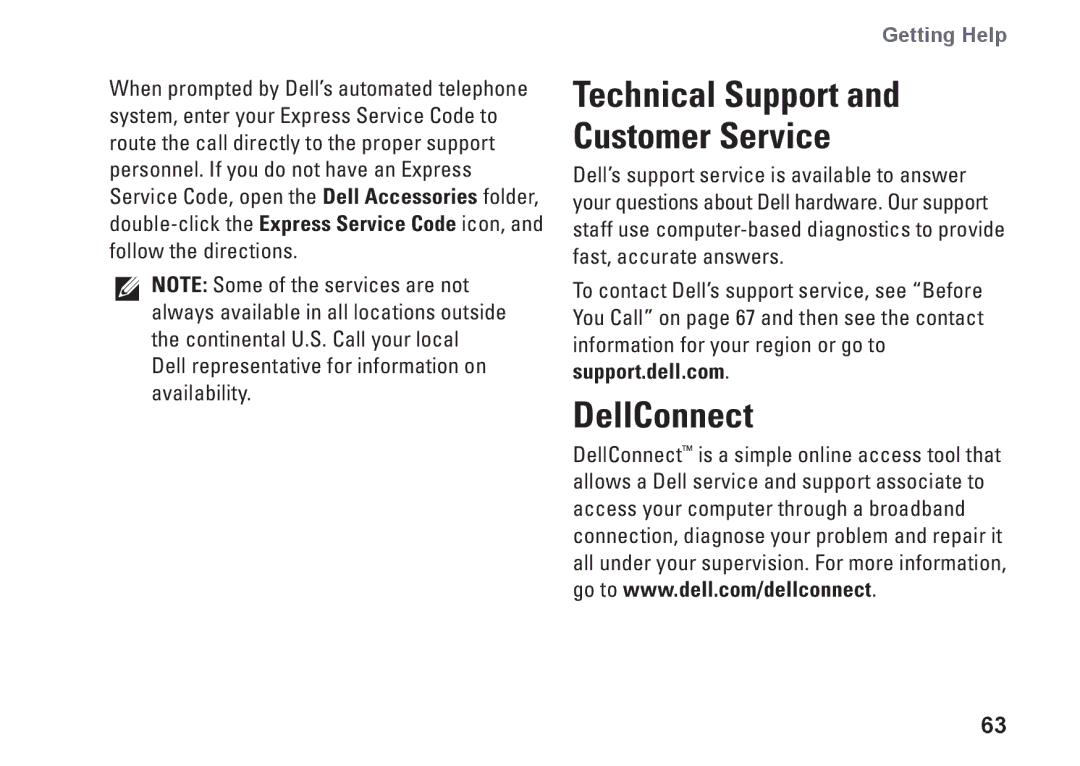 Dell 1546, P02F001, 0F2GGFA00 setup guide DellConnect, Technical Support and Customer Service 