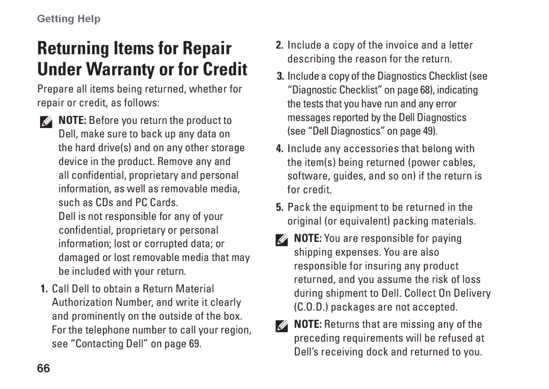 Dell 1546, P02F001, 0F2GGFA00 setup guide Returning Items for Repair Under Warranty or for Credit 