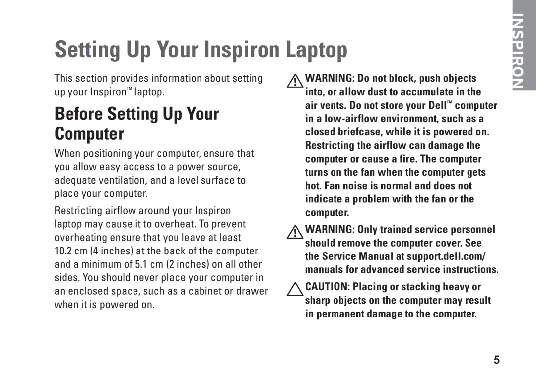 Dell P02F001, 1546, 0F2GGFA00 setup guide Setting Up Your Inspiron Laptop, Before Setting Up Your Computer 