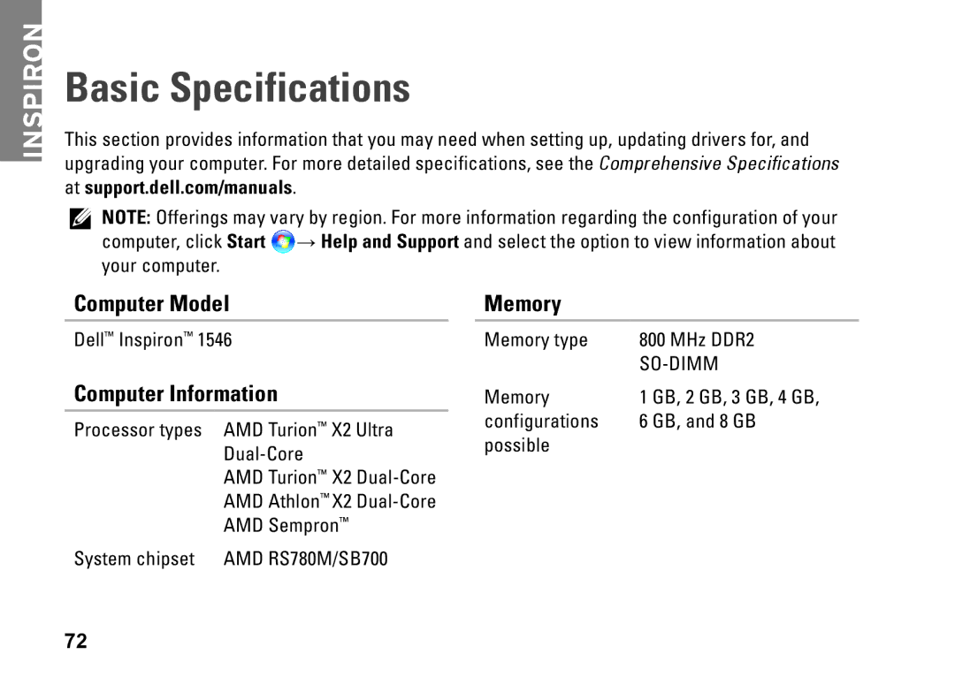 Dell 0F2GGFA00, 1546, P02F001 setup guide Basic Specifications, Computer Model, Computer Information, Memory 