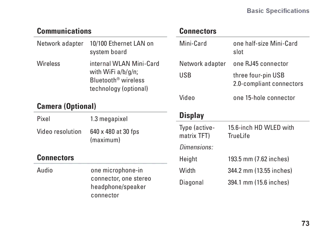 Dell 1546, P02F001, 0F2GGFA00 setup guide Communications, Camera Optional, Connectors, Display 