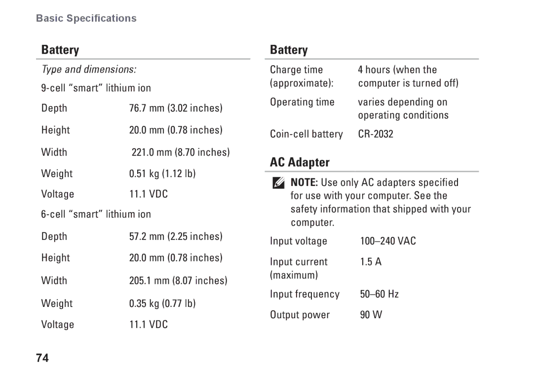 Dell 1546, P02F001, 0F2GGFA00 setup guide Battery, AC Adapter 