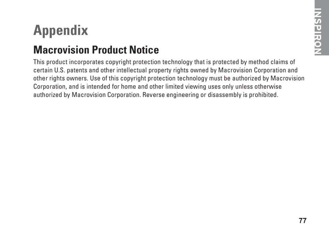 Dell 0F2GGFA00, 1546, P02F001 setup guide Appendix, Macrovision Product Notice 