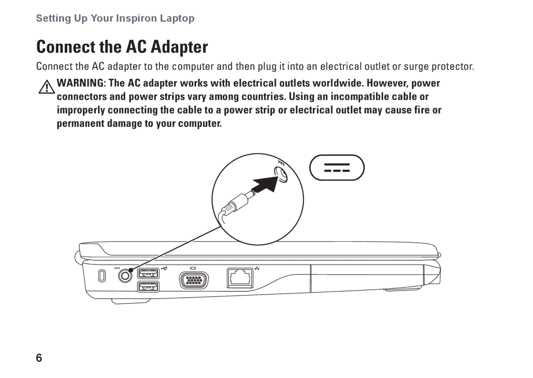 Dell 1546, P02F001, 0F2GGFA00 setup guide Connect the AC Adapter 