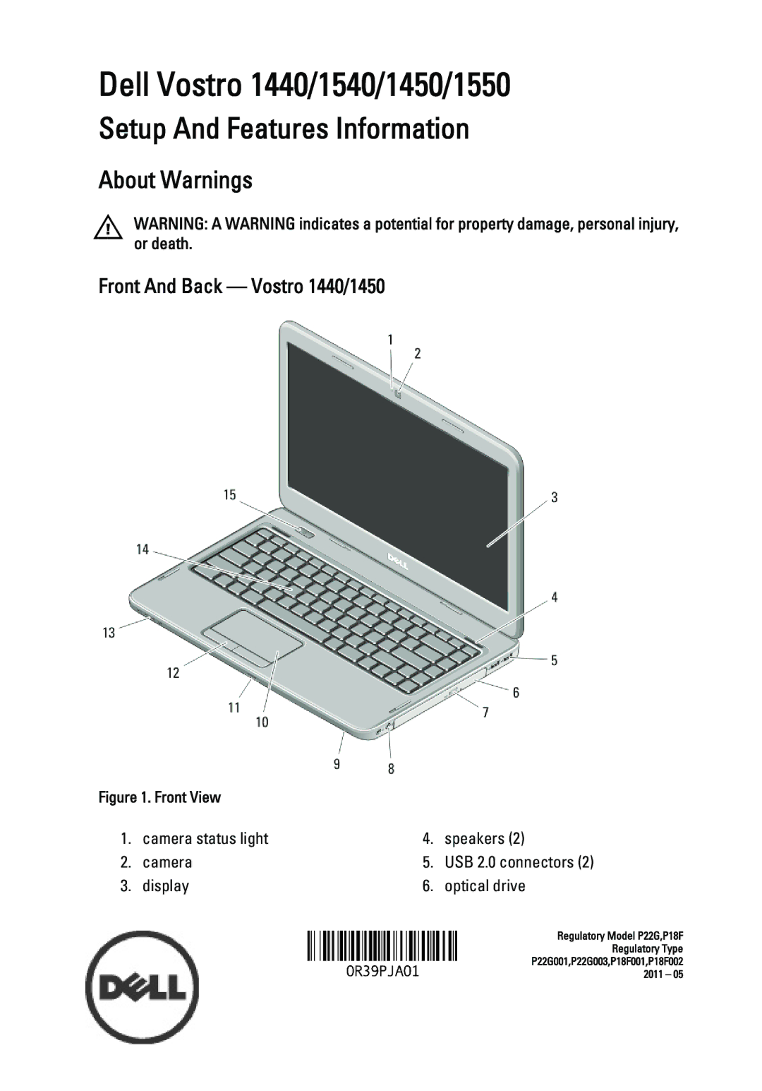 Dell manual Dell Vostro 1440/1540/1450/1550, Front And Back Vostro 1440/1450 