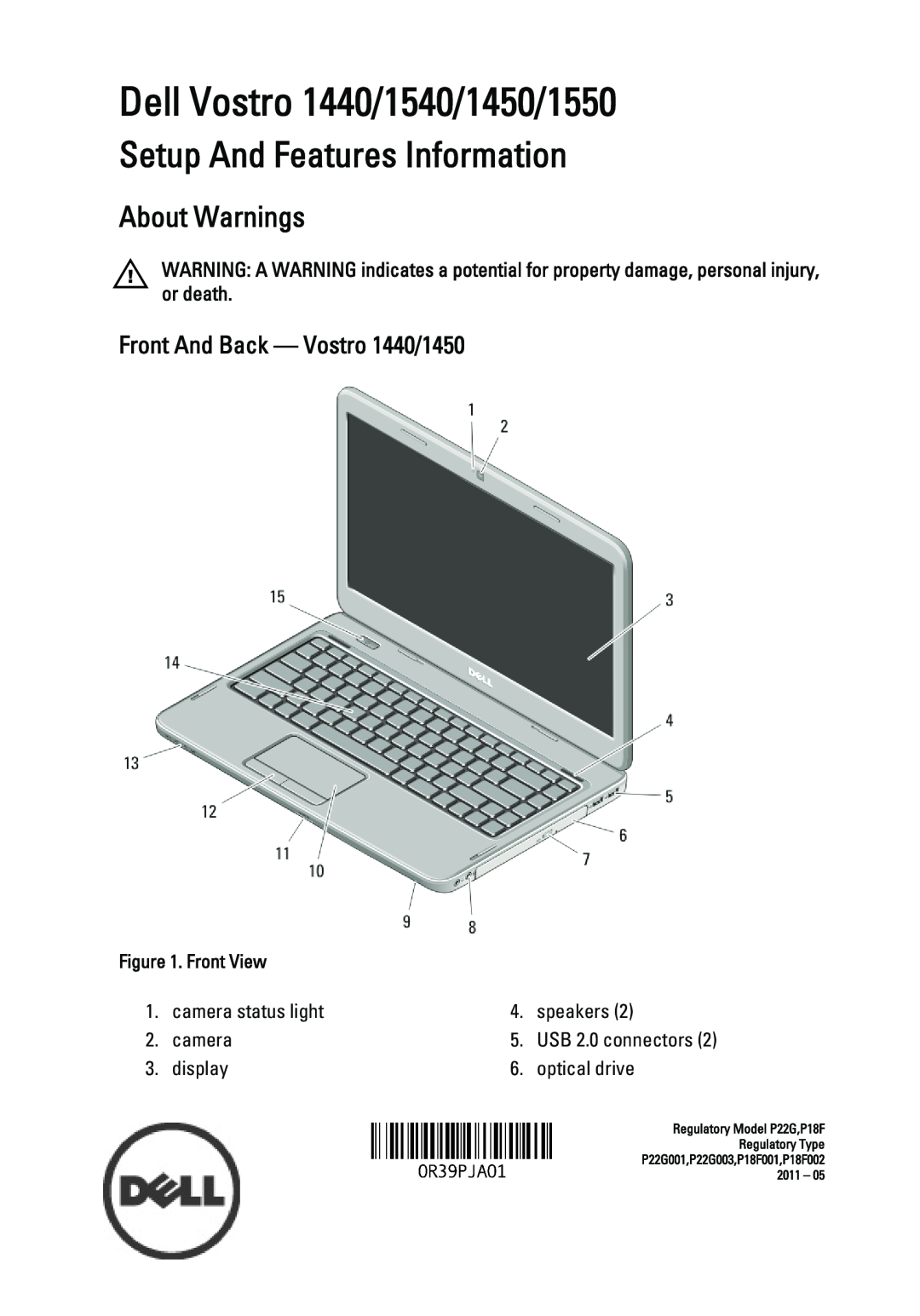 Dell manual Front And Back - Vostro 1440/1450, Dell Vostro 1440/1540/1450/1550, Setup And Features Information 