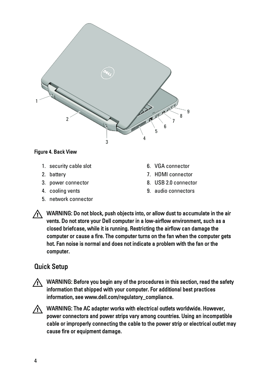 Dell 1550, 1540 manual Quick Setup, Back View 