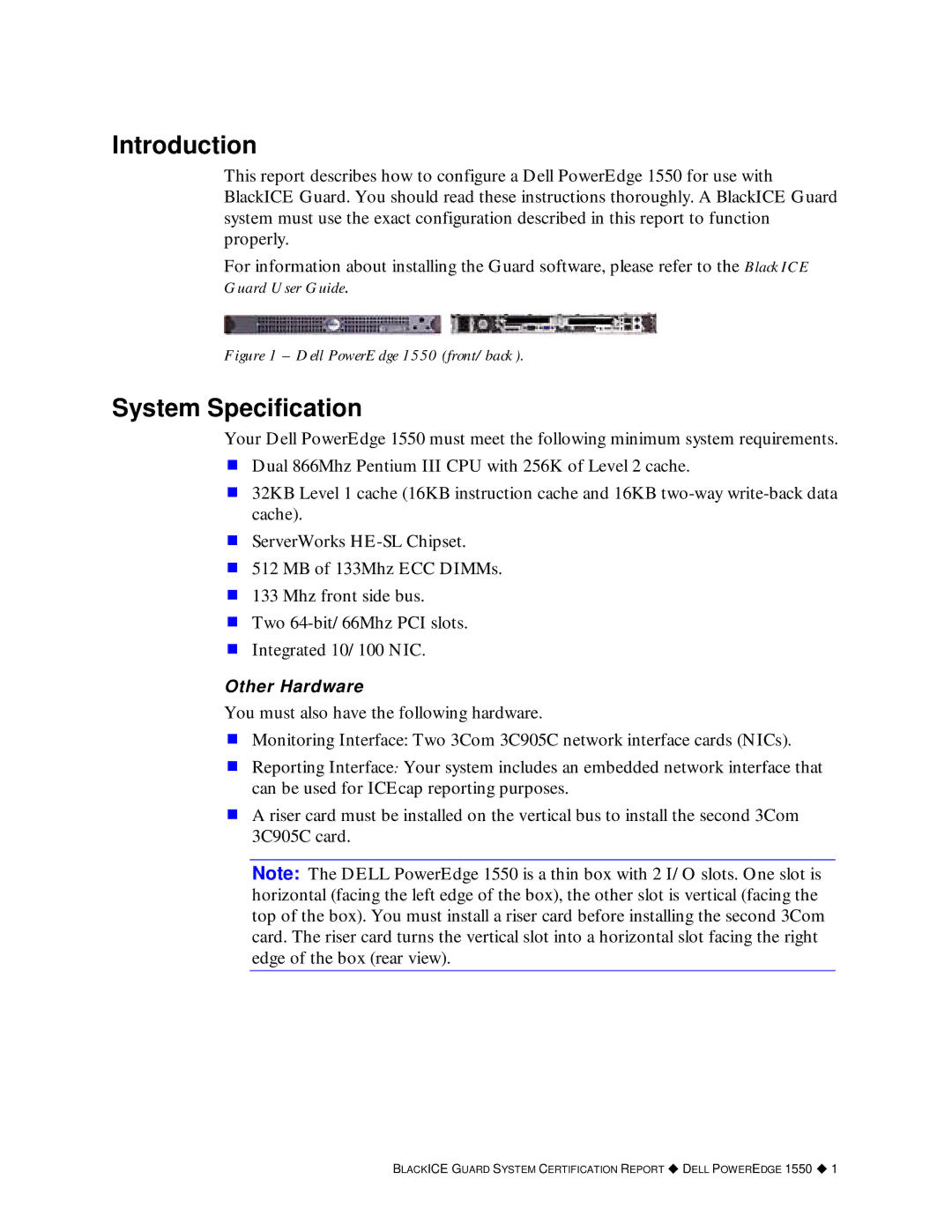 Dell 1550 manual Introduction, System Specification 