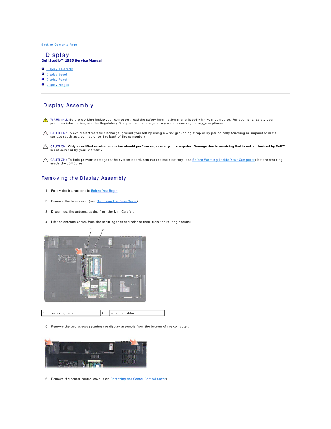 Dell 1555 manual Removing the Display Assembly 