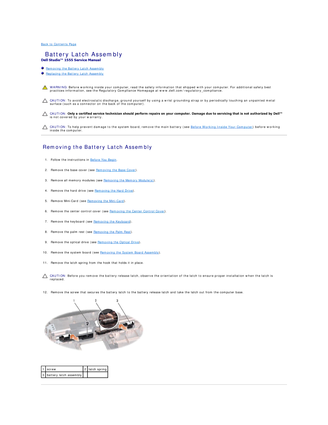 Dell 1555 manual Removing the Battery Latch Assembly 