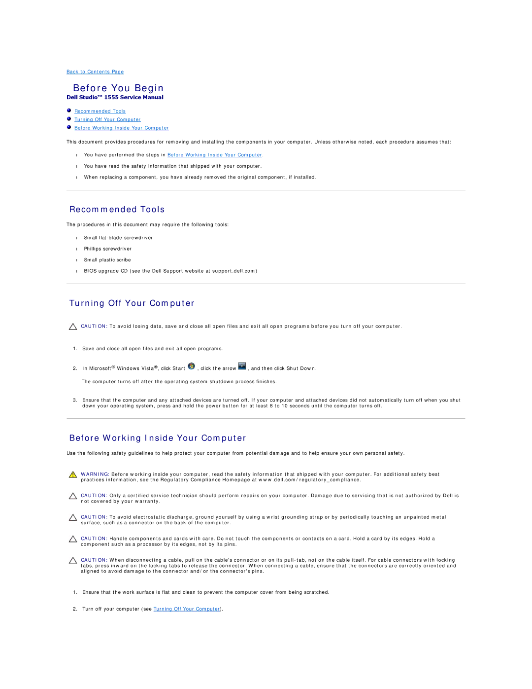 Dell 1555 manual Before You Begin, Recommended Tools, Turning Off Your Computer, Before Working Inside Your Computer 