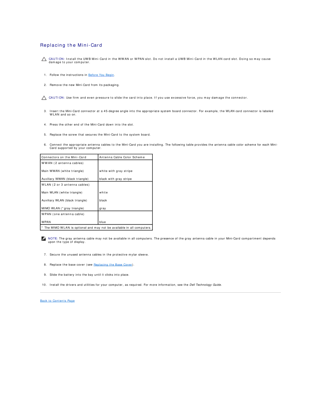 Dell 1555 manual Replacing the Mini-Card, Wlan 2 or 3 antenna cables 
