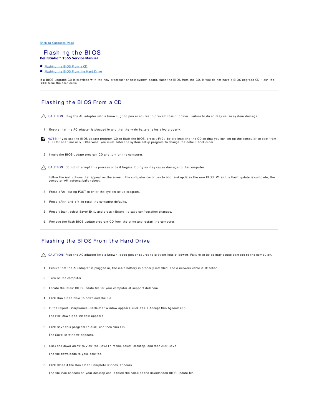 Dell 1555 manual Flashing the Bios From a CD, Flashing the Bios From the Hard Drive 