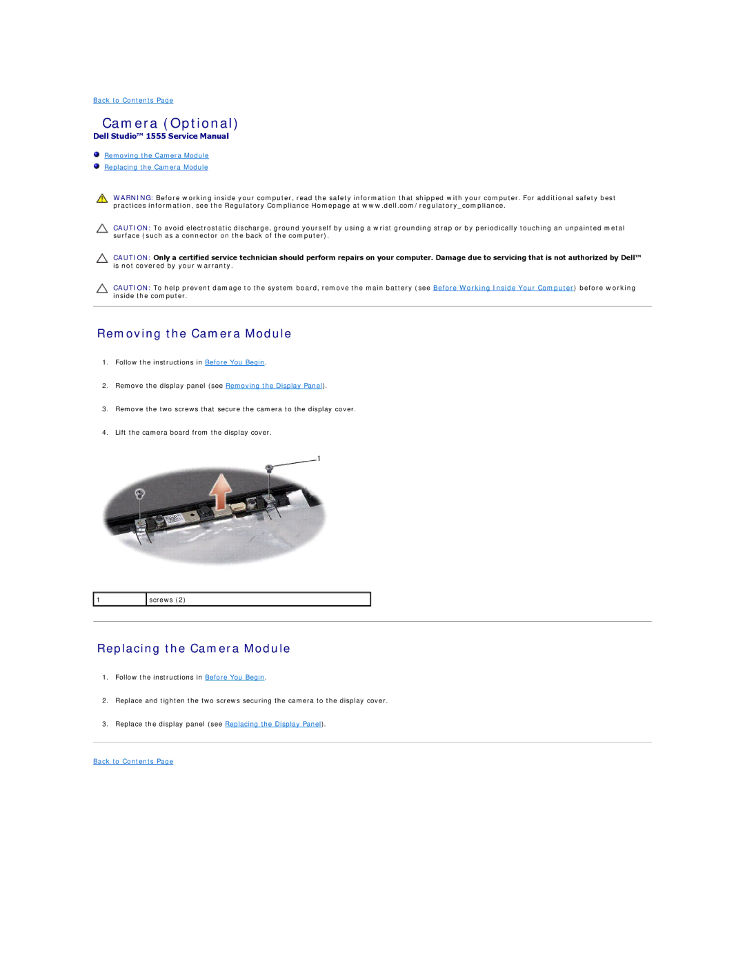 Dell 1555 manual Camera Optional, Removing the Camera Module, Replacing the Camera Module 