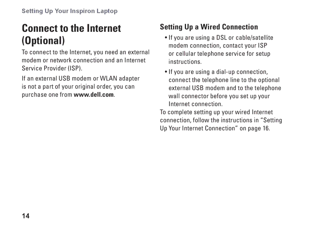 Dell 1564, 8X93C, P08F001, P08F series setup guide Connect to the Internet Optional, Setting Up a Wired Connection 