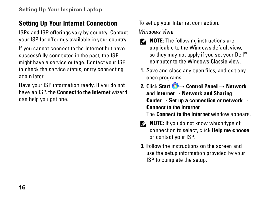 Dell P08F001, 1564, 8X93C, P08F series setup guide Setting Up Your Internet Connection 