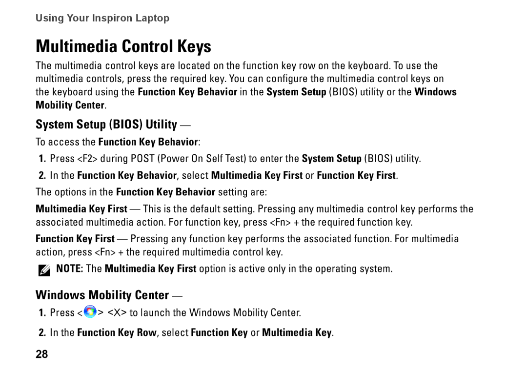 Dell P08F001, 1564, 8X93C, P08F series setup guide Multimedia Control Keys, System Setup Bios Utility, Windows Mobility Center 