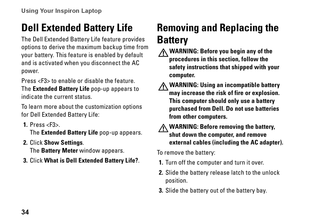 Dell 1564, 8X93C, P08F001, P08F series Removing and Replacing the Battery, Click What is Dell Extended Battery Life? 