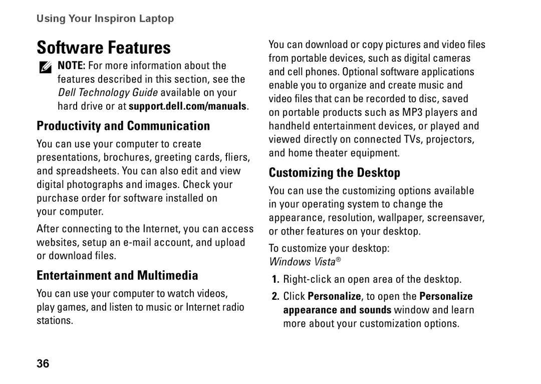Dell P08F001 Software Features, Productivity and Communication, Entertainment and Multimedia, Customizing the Desktop 