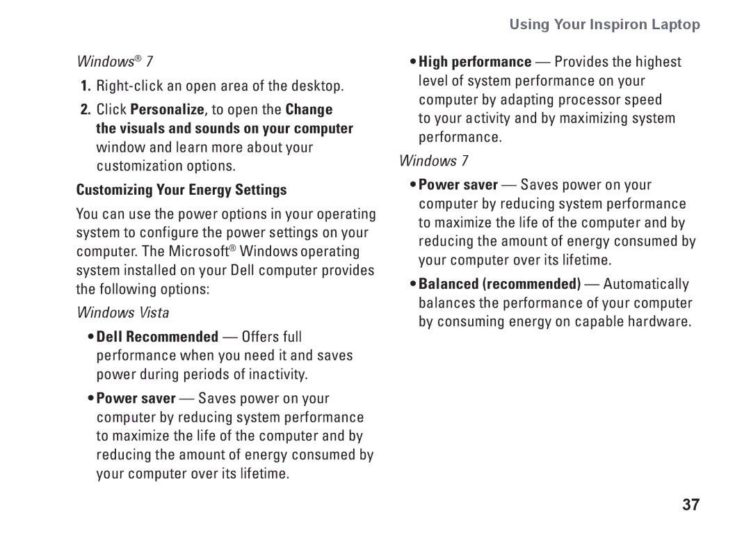 Dell P08F series, 1564, 8X93C, P08F001 setup guide Customizing Your Energy Settings 