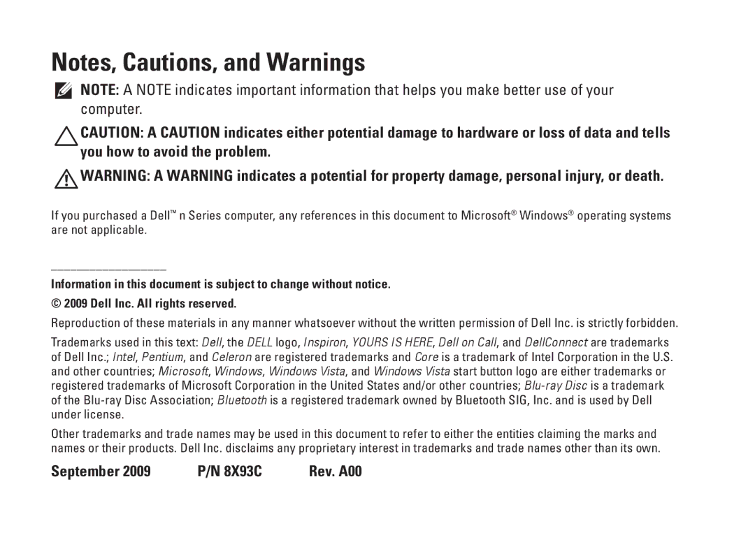 Dell 1564, P08F001, P08F series setup guide September 2009 P/N 8X93C Rev. A00 