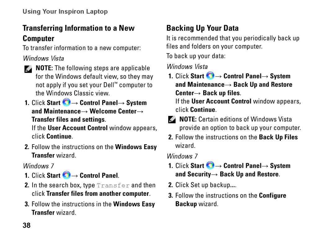 Dell 1564, 8X93C, P08F001 Transferring Information to a New Computer, Backing Up Your Data, Click Start → Control Panel 