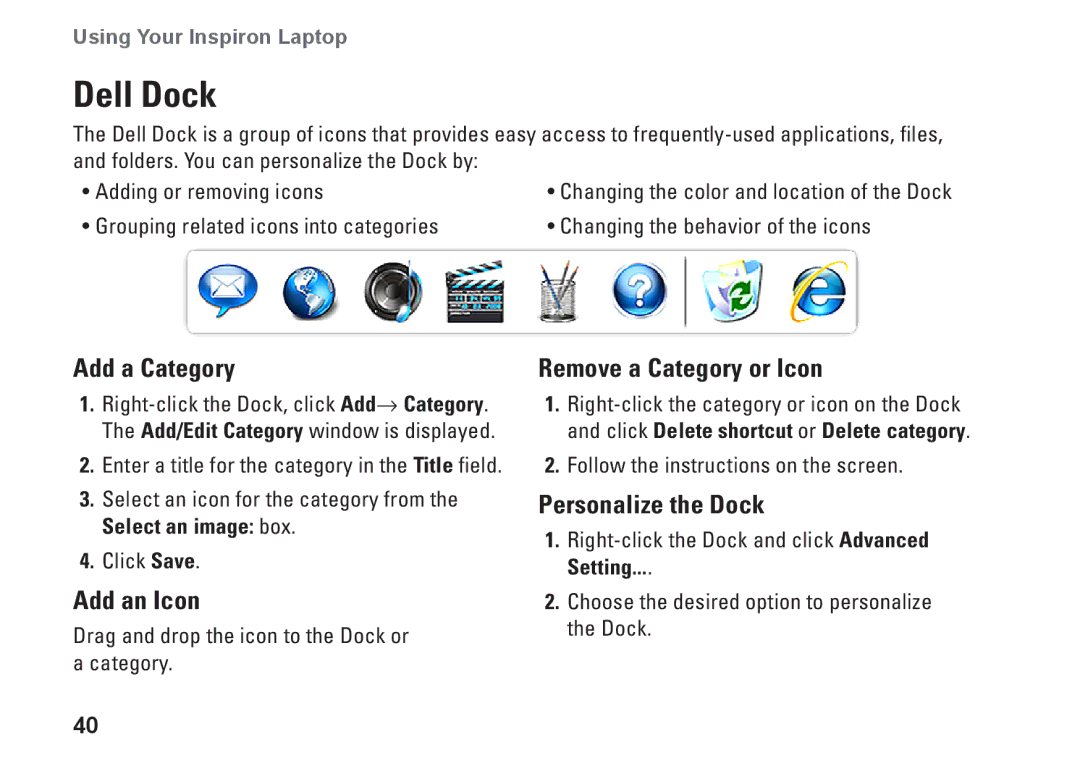 Dell P08F001, 1564, 8X93C setup guide Dell Dock, Add a Category, Add an Icon, Remove a Category or Icon, Personalize the Dock 