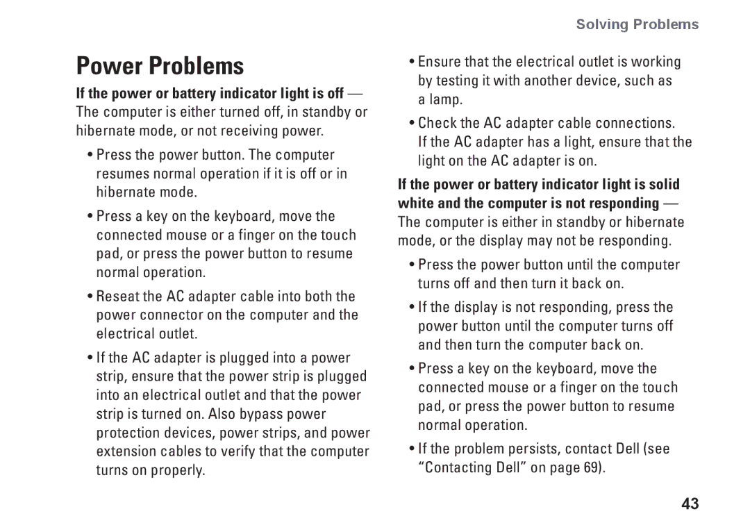 Dell 8X93C, 1564, P08F001, P08F series setup guide Power Problems 