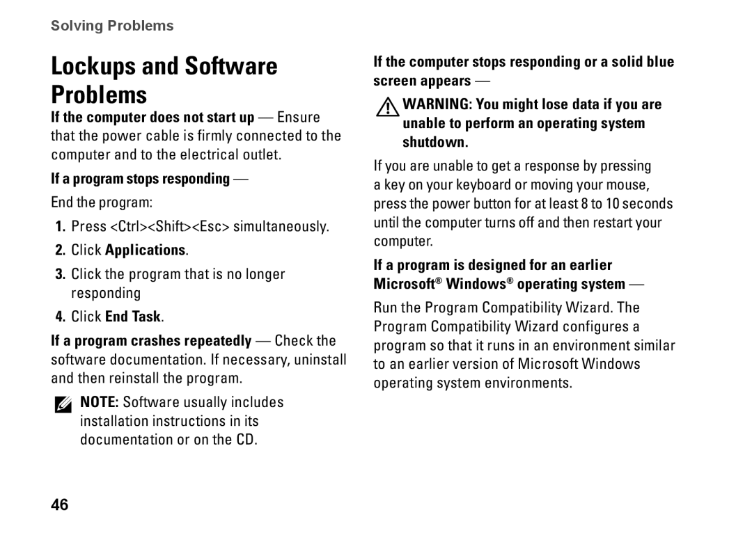 Dell 1564, 8X93C, P08F001, P08F series setup guide If a program stops responding, Click Applications, Click End Task 