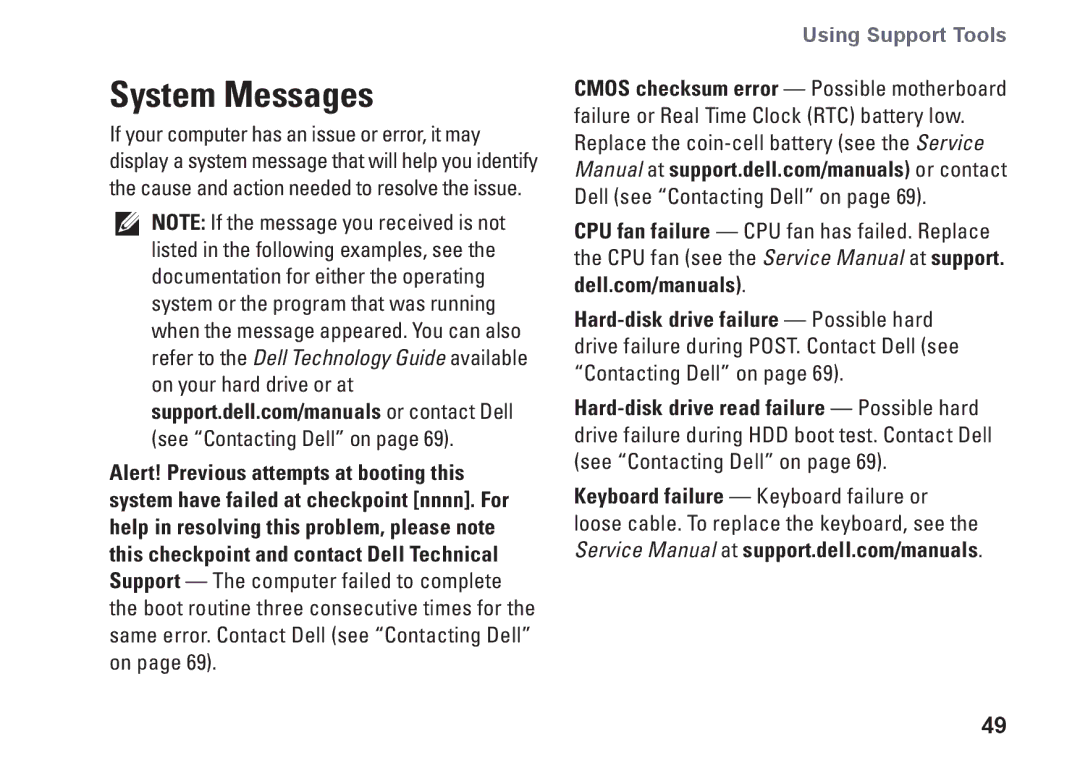 Dell P08F series, 1564, 8X93C, P08F001 setup guide System Messages, Using Support Tools 