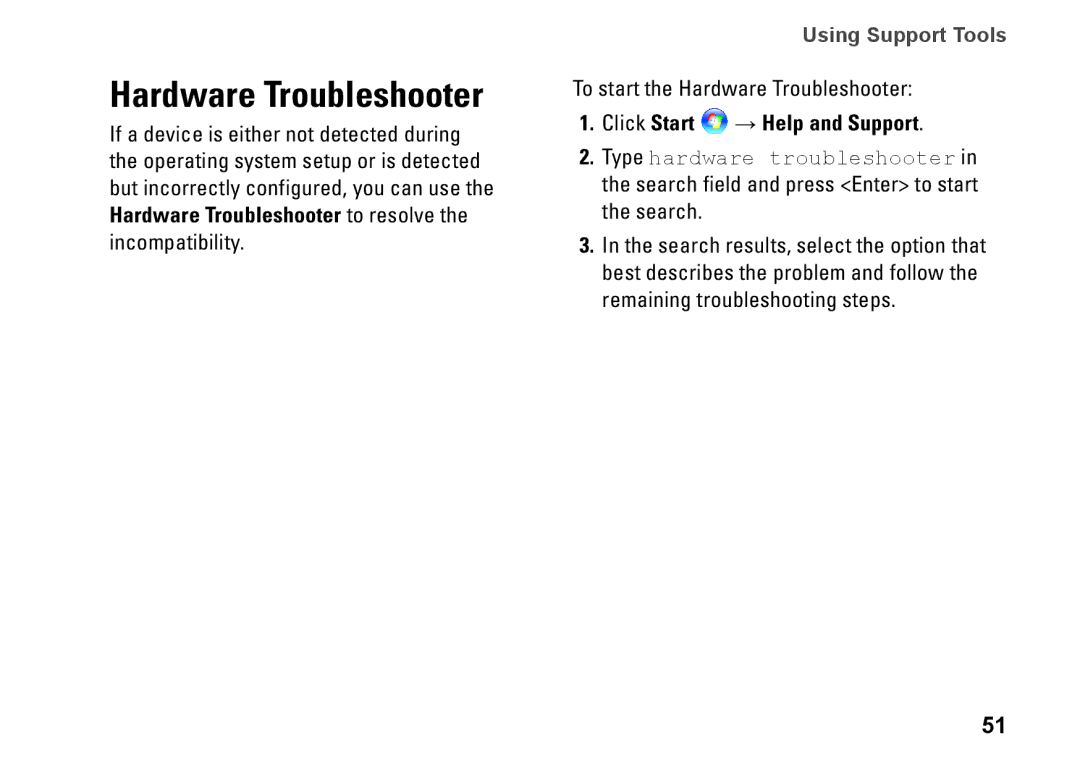 Dell 8X93C, 1564, P08F001, P08F series setup guide Hardware Troubleshooter, Click Start → Help and Support 