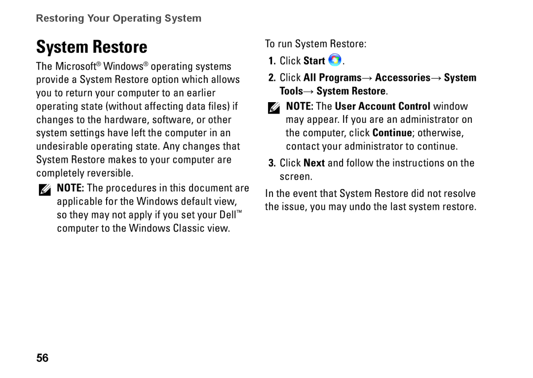 Dell P08F001, 1564, 8X93C, P08F series setup guide System Restore 