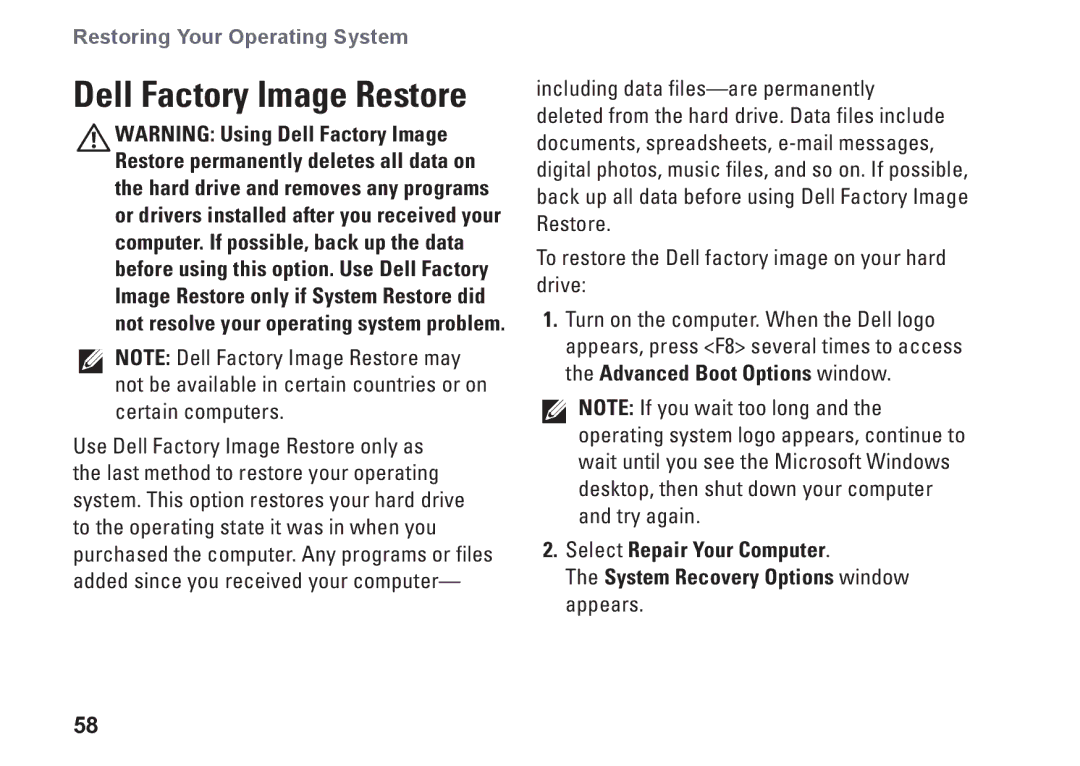 Dell 1564, 8X93C, P08F001, P08F series setup guide Dell Factory Image Restore 