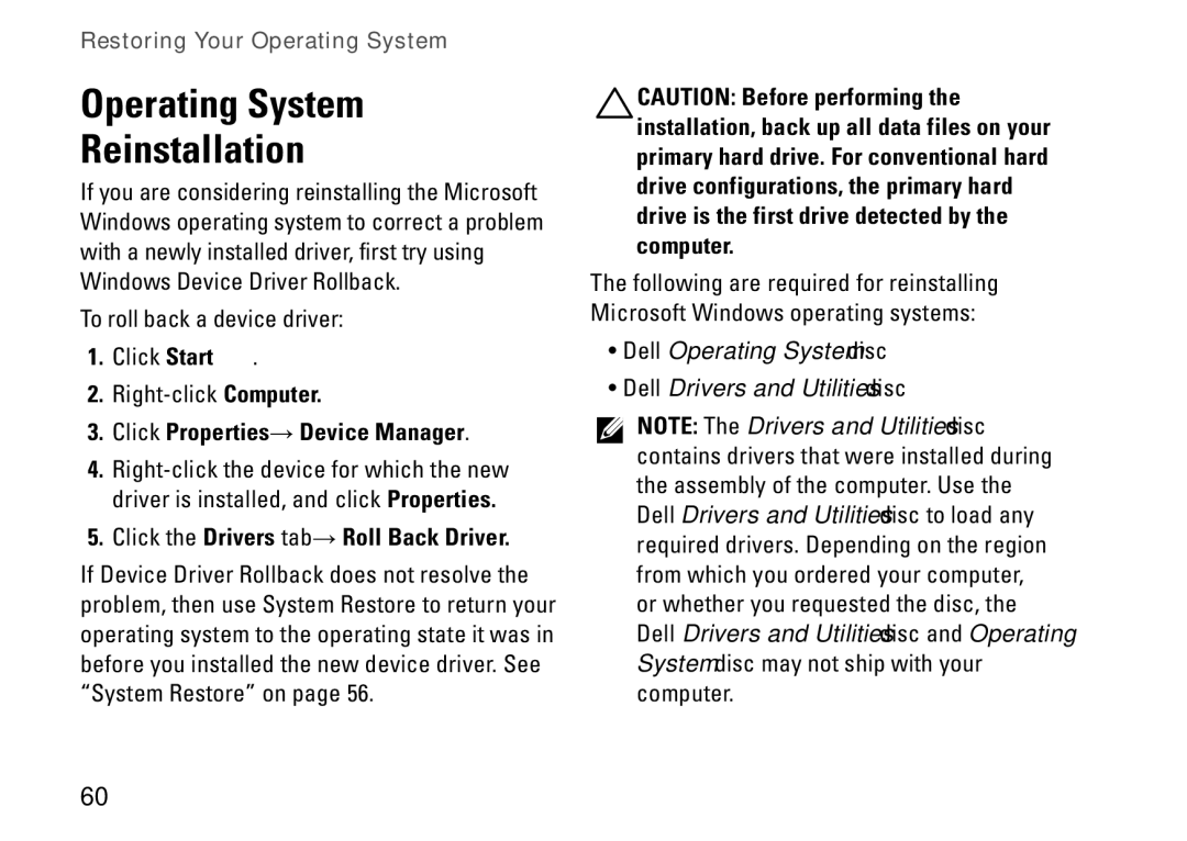 Dell P08F001 Operating System Reinstallation, Click Properties→ Device Manager, Click the Drivers tab→ Roll Back Driver 