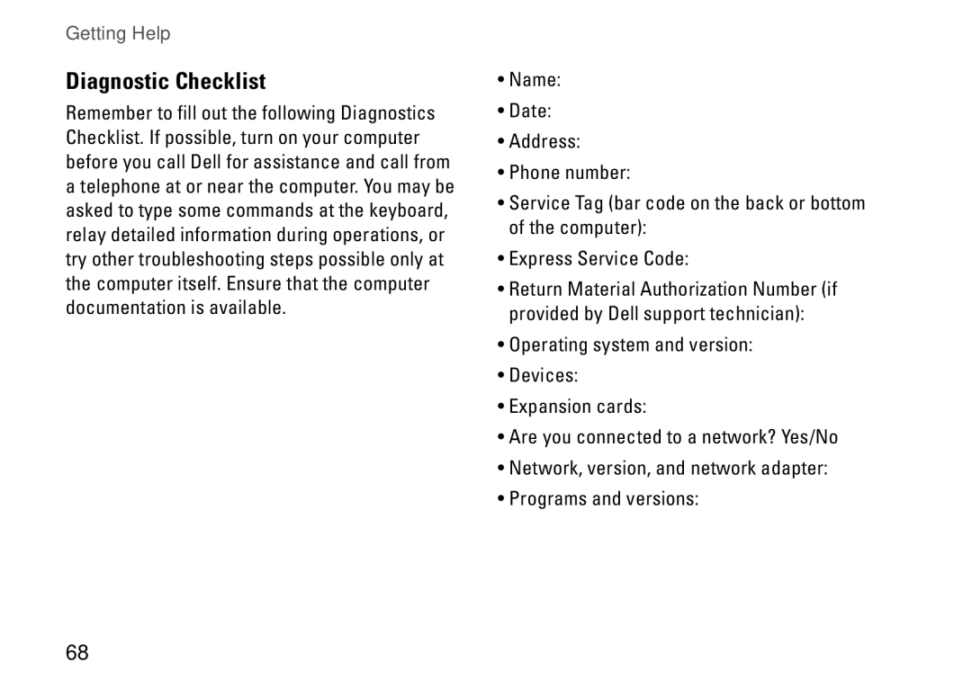 Dell P08F001, 1564, 8X93C, P08F series setup guide Diagnostic Checklist 