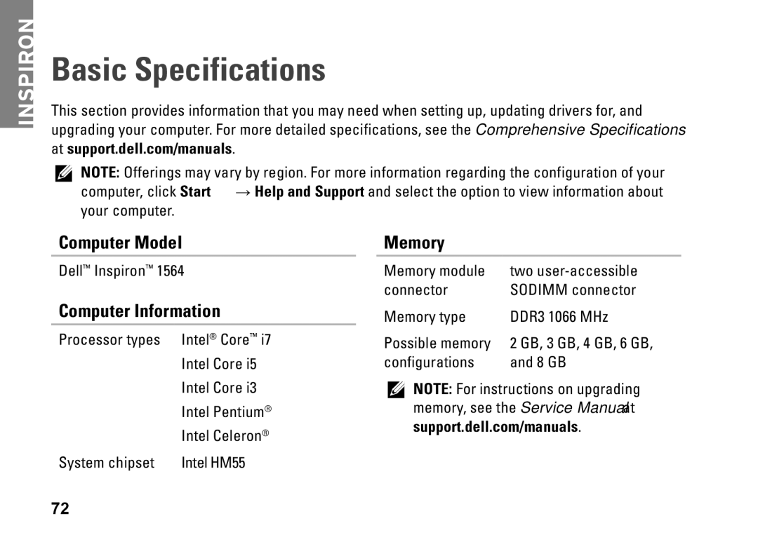 Dell P08F001, 1564, 8X93C, P08F series setup guide Basic Specifications, Computer Model, Computer Information, Memory 