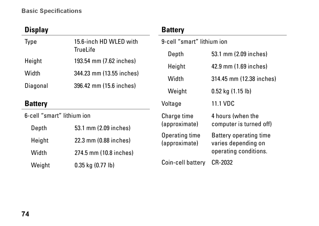 Dell 1564, 8X93C, P08F001, P08F series setup guide Display, Battery 