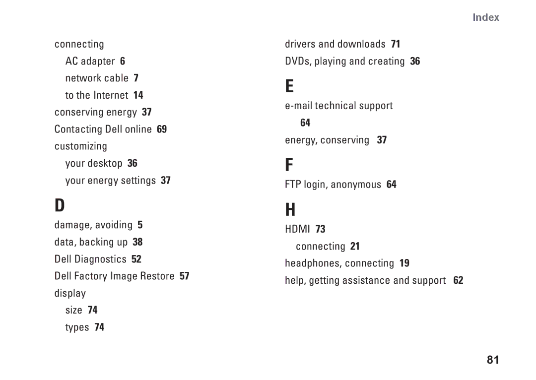 Dell P08F series, 1564, 8X93C, P08F001 setup guide Index 