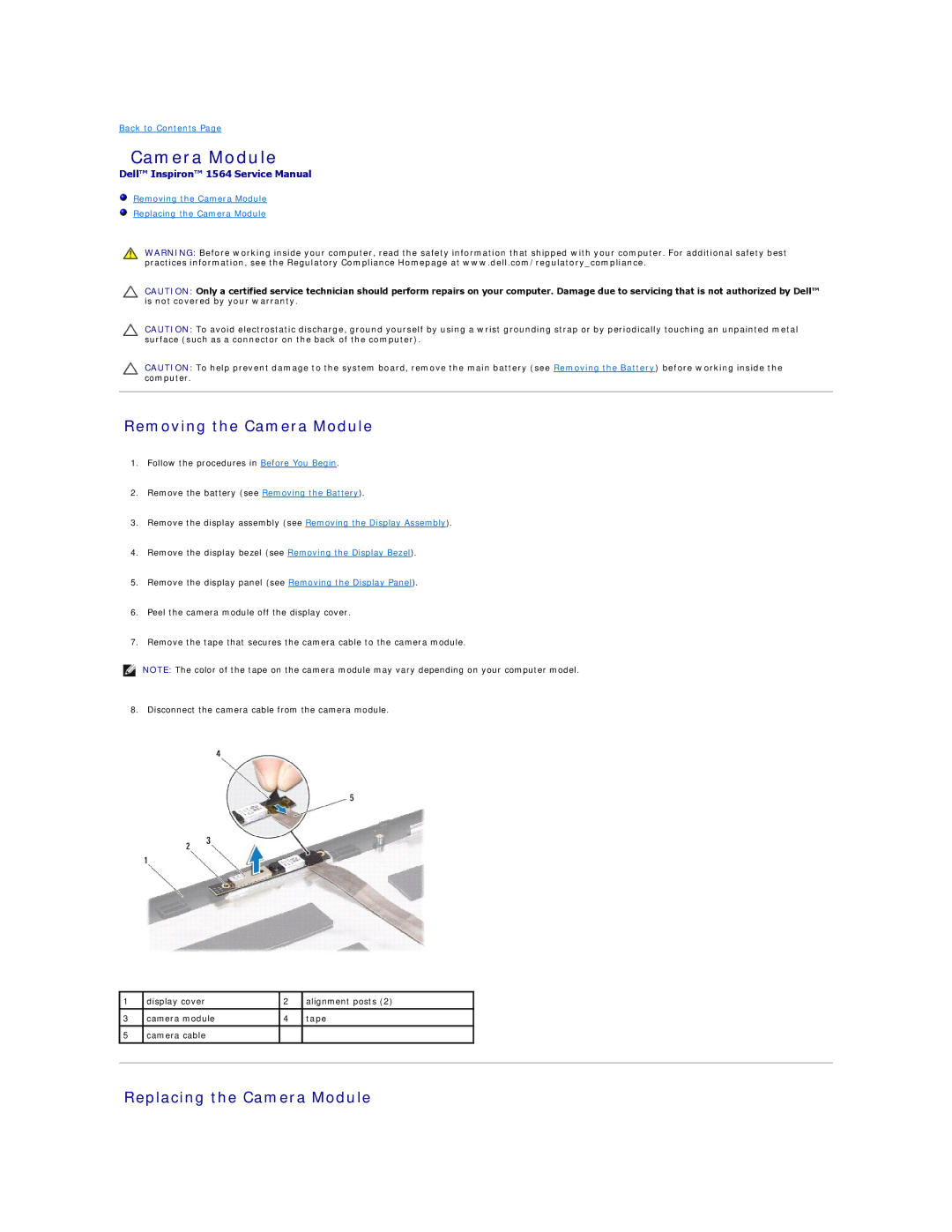 Dell 1564 manual Removing the Camera Module, Replacing the Camera Module 
