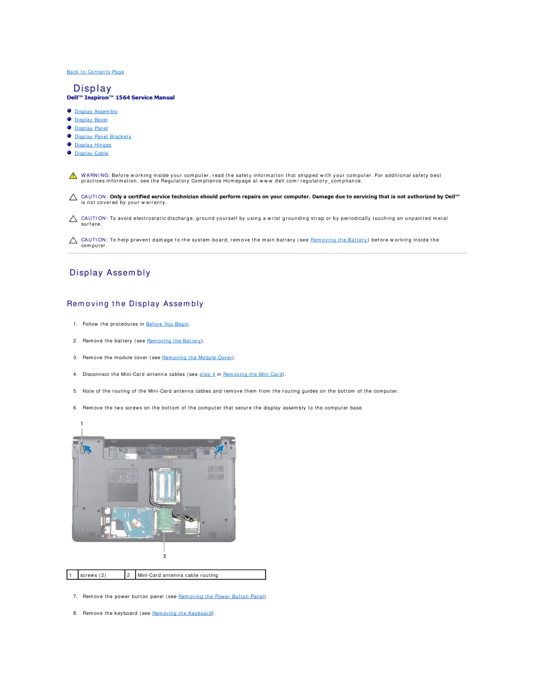 Dell 1564 manual Removing the Display Assembly 