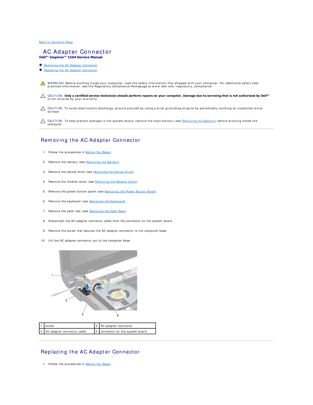 Dell 1564 manual Removing the AC Adapter Connector, Replacing the AC Adapter Connector 