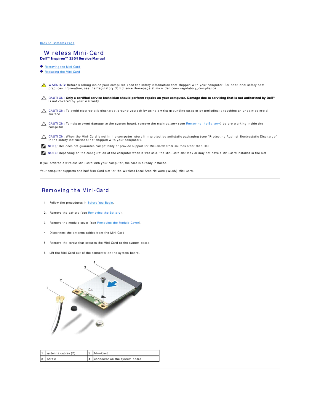 Dell 1564 manual Wireless Mini-Card, Removing the Mini-Card 